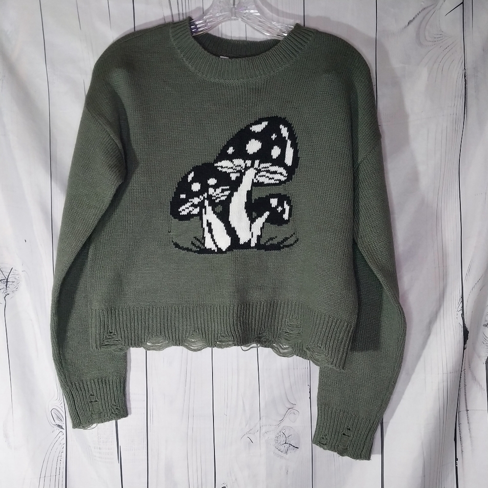 No Boundaries Olive Mushroom Graphic Cropped Grunge Distressed Sweater